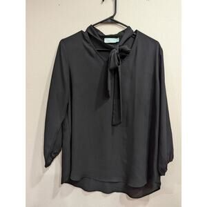 Black long sleeve secretary blouse w/tie at neck detail by Veronica M size L